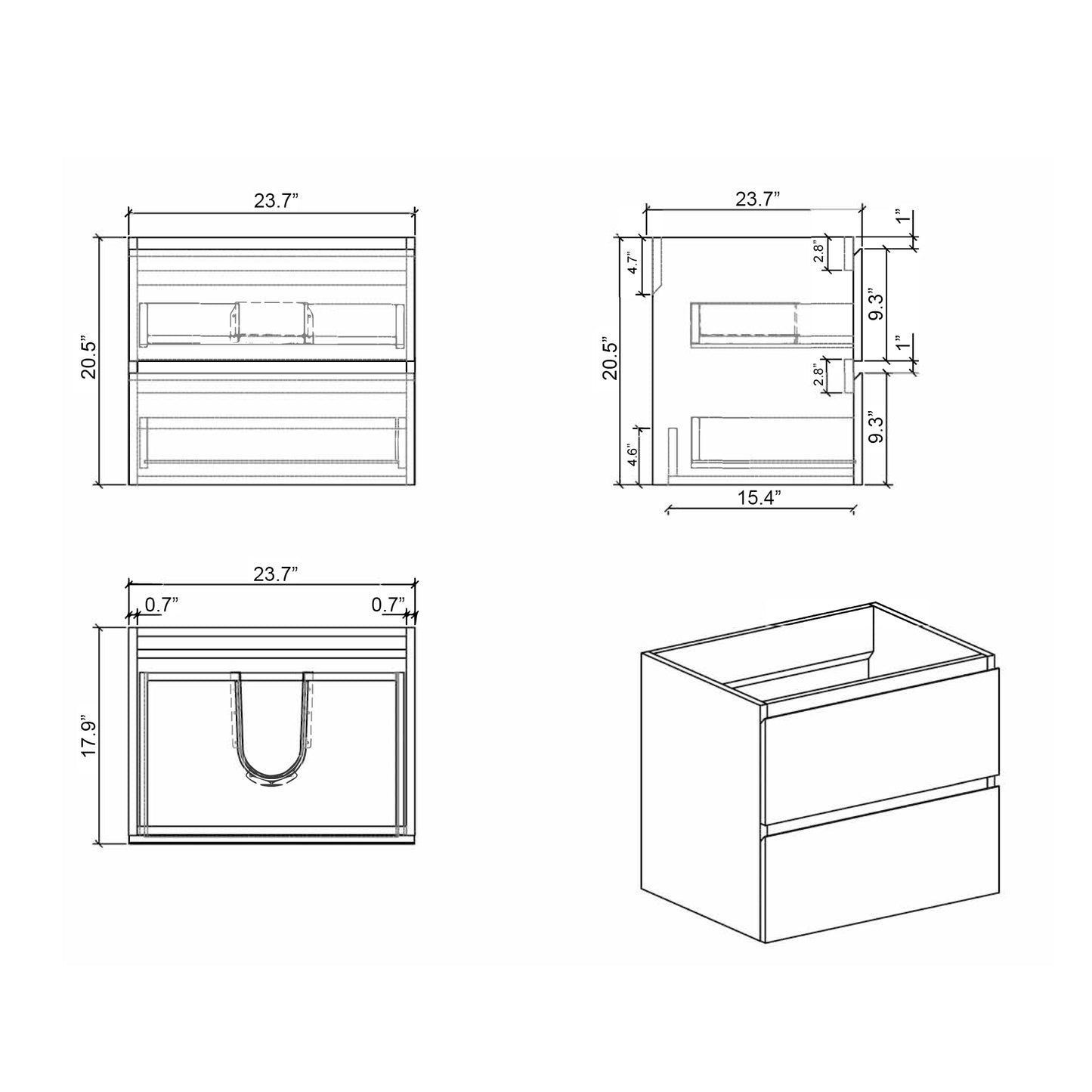 Dimensional drawing of a inch wide wallmounted vanity cabinet with two drawers