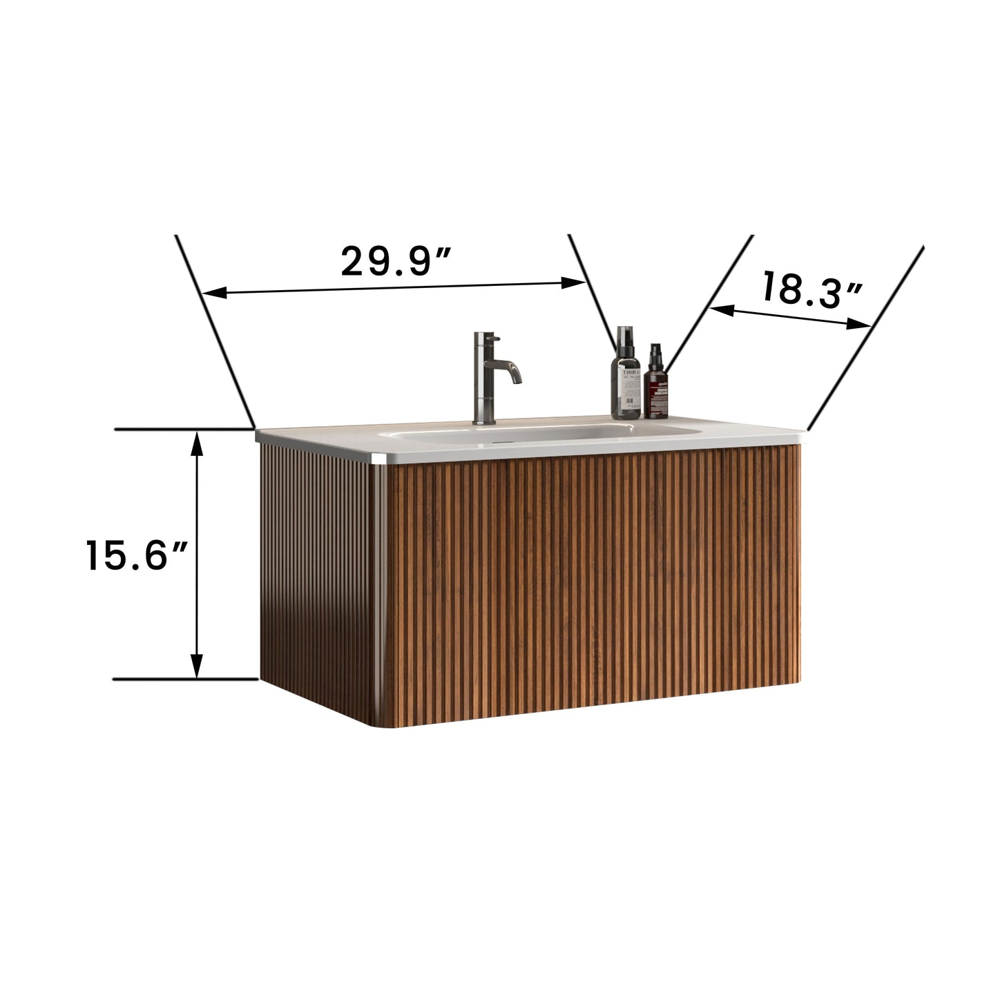 inch fluted woodgrain modern wallmount vanity with white ceramic sink and chrome faucet