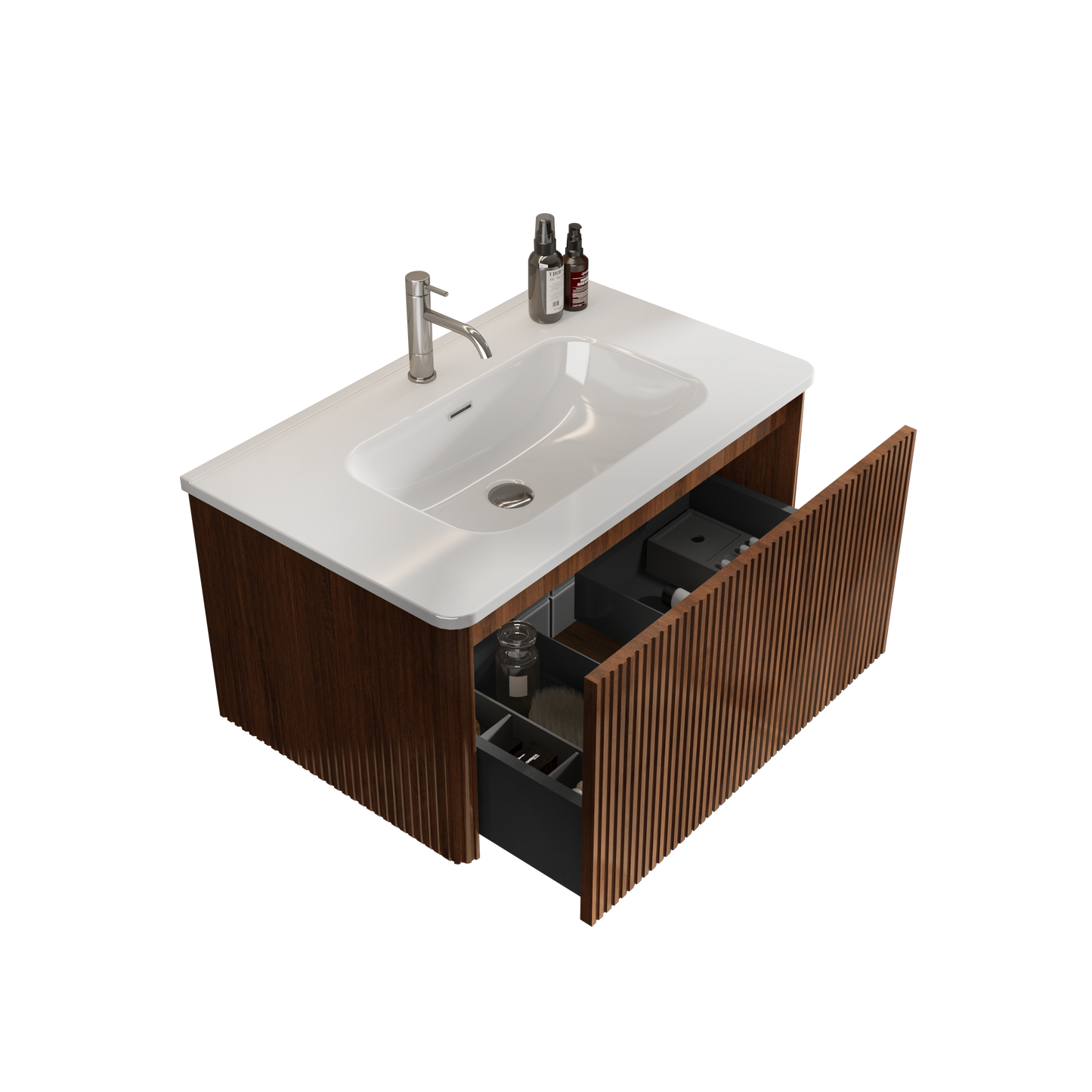 Modern wooden vanity with white basin and chrome faucet open drawers reveal organizers