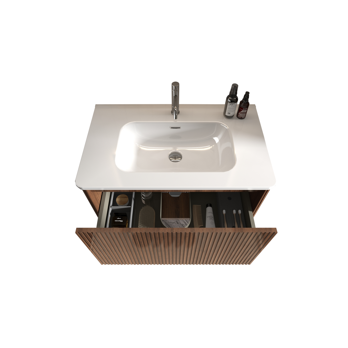 Modern white ceramic basin with polished chrome faucet open drawer displaying toiletries