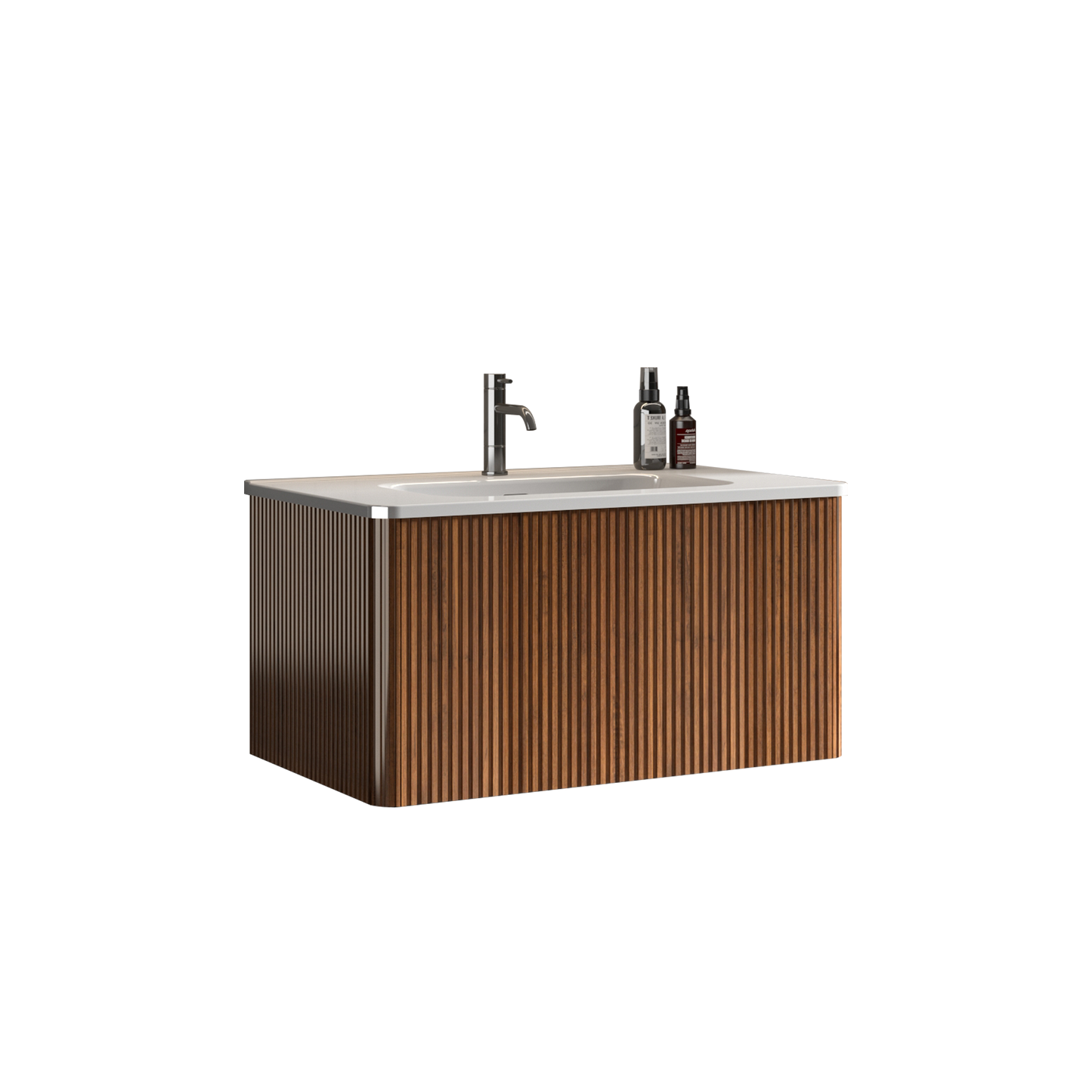 Modern walnut wood vanity with integrated white sink and chrome faucet