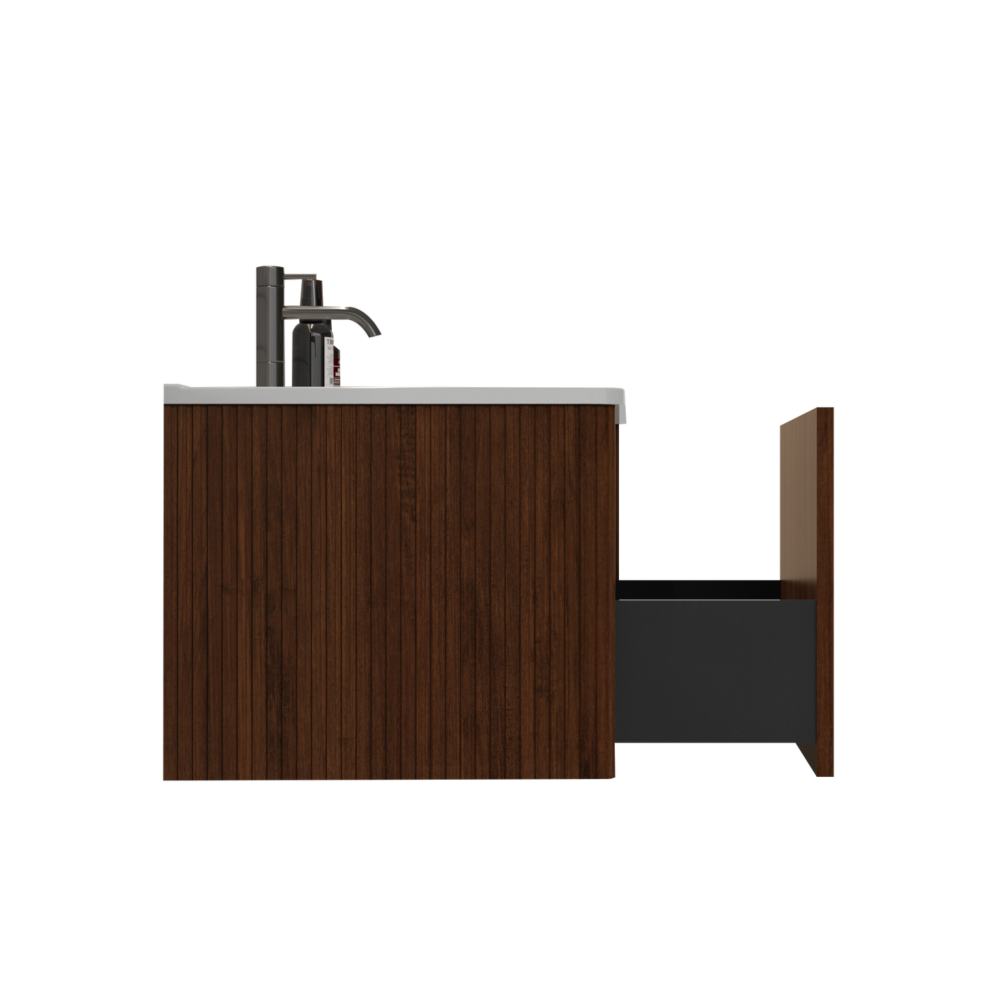 Dark wood vanity with a partially opened drawer and a chrome faucet
