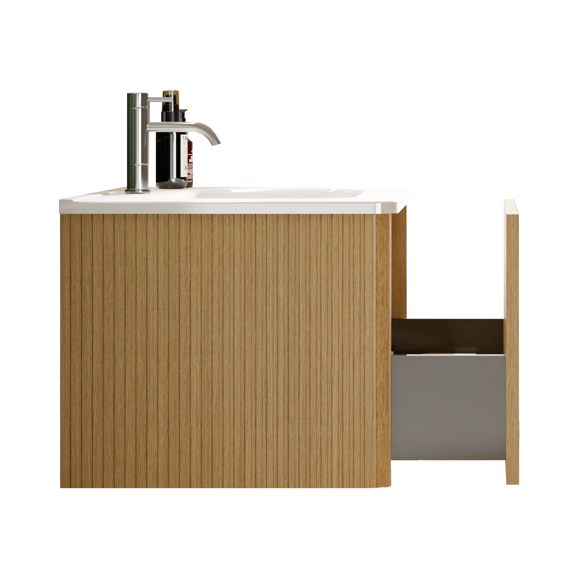 Modern wood bathroom vanity with fluted oak drawer fronts and chrome faucet