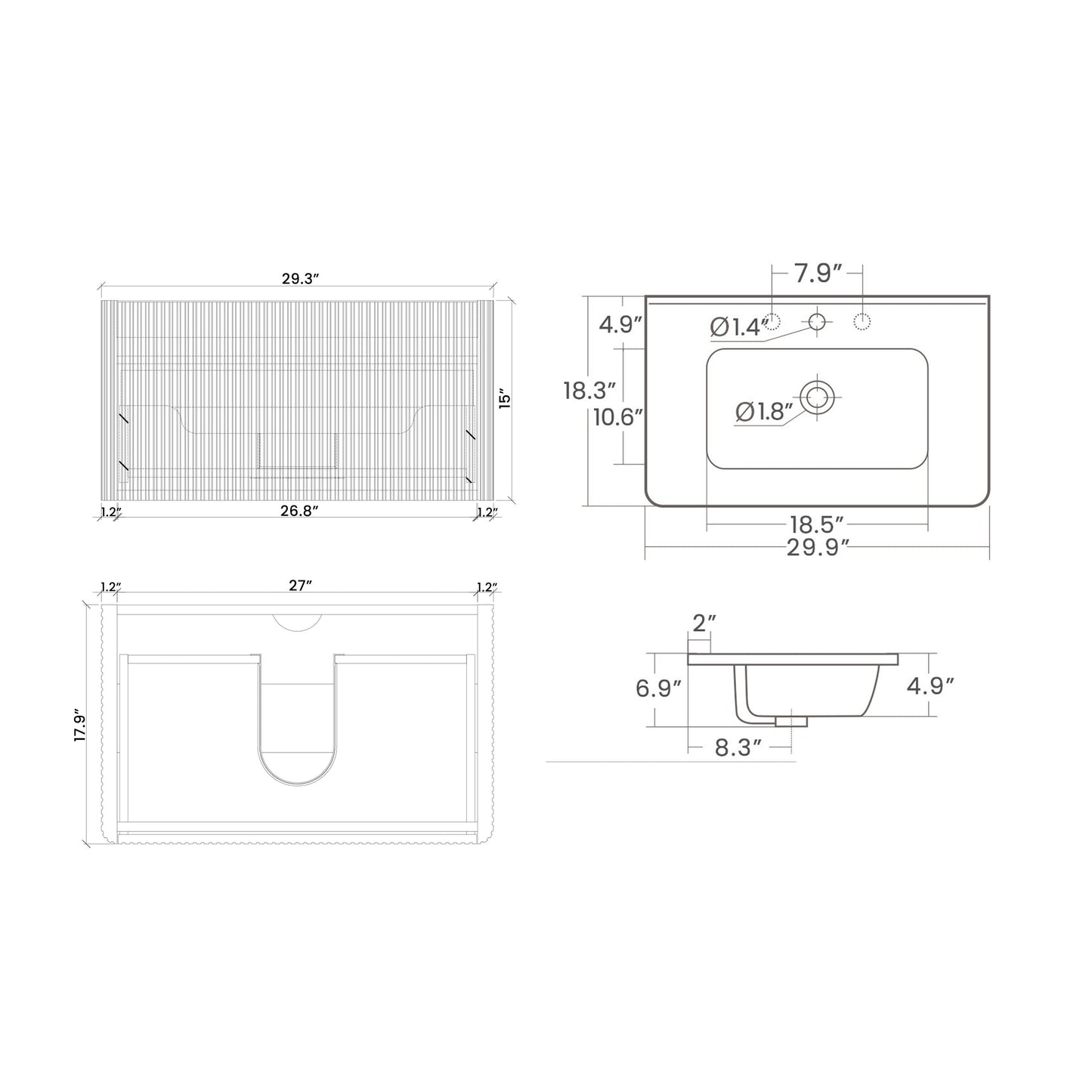 Blueprint of a white ceramic undermount sink W x D x H