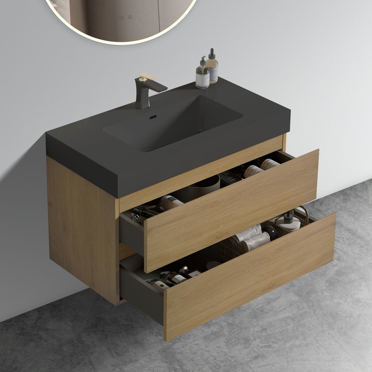Modern wallmounted vanity with dark grey countertop oak drawers and gold faucet