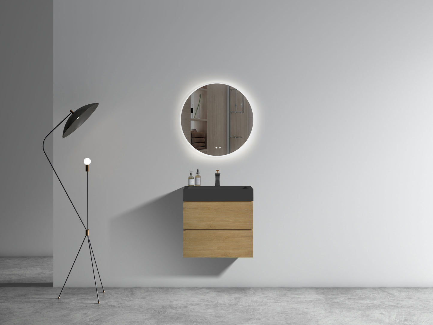 Floating bathroom vanity with two wood drawers and black top Modern design