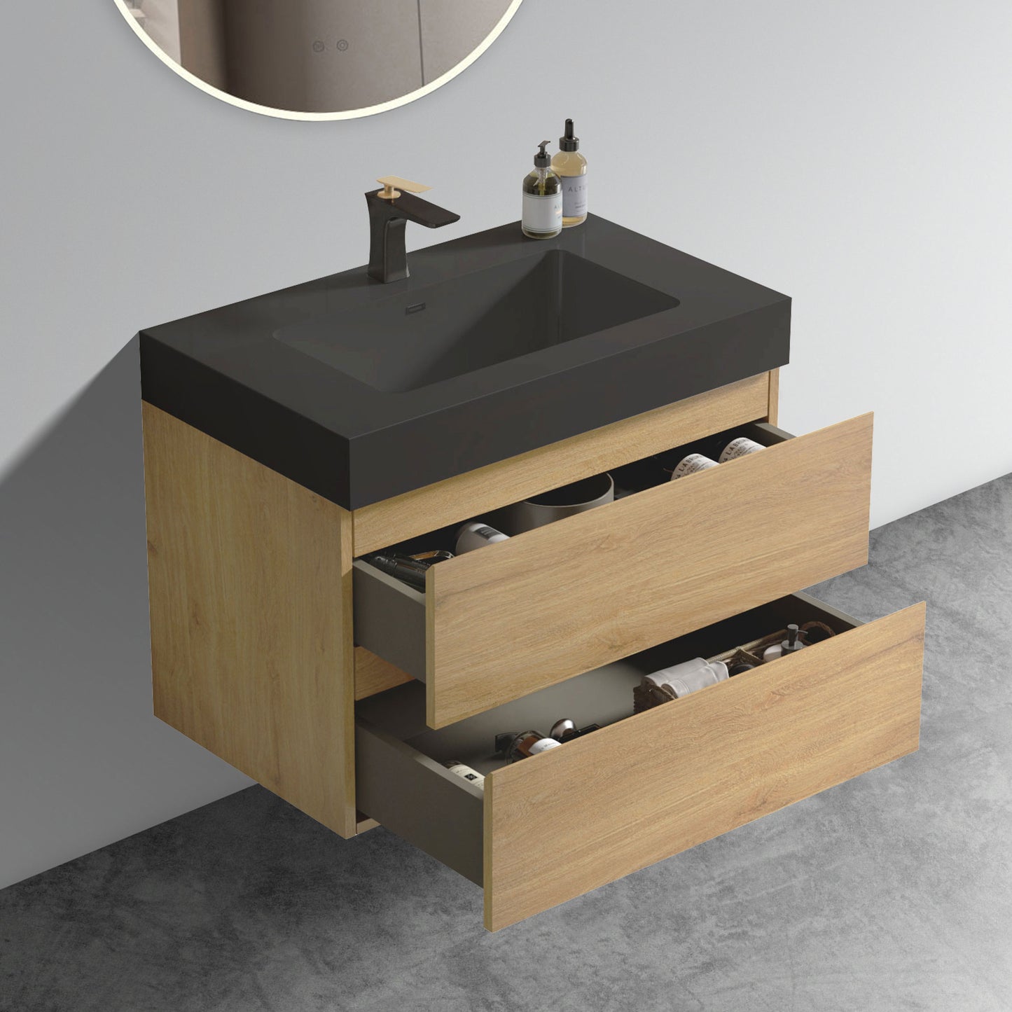 Modern floating bathroom vanity with dark sink and oak drawers