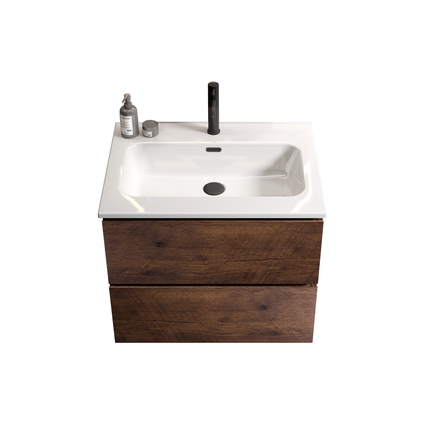 Modern white ceramic sink with a dark wood vanity and black faucet