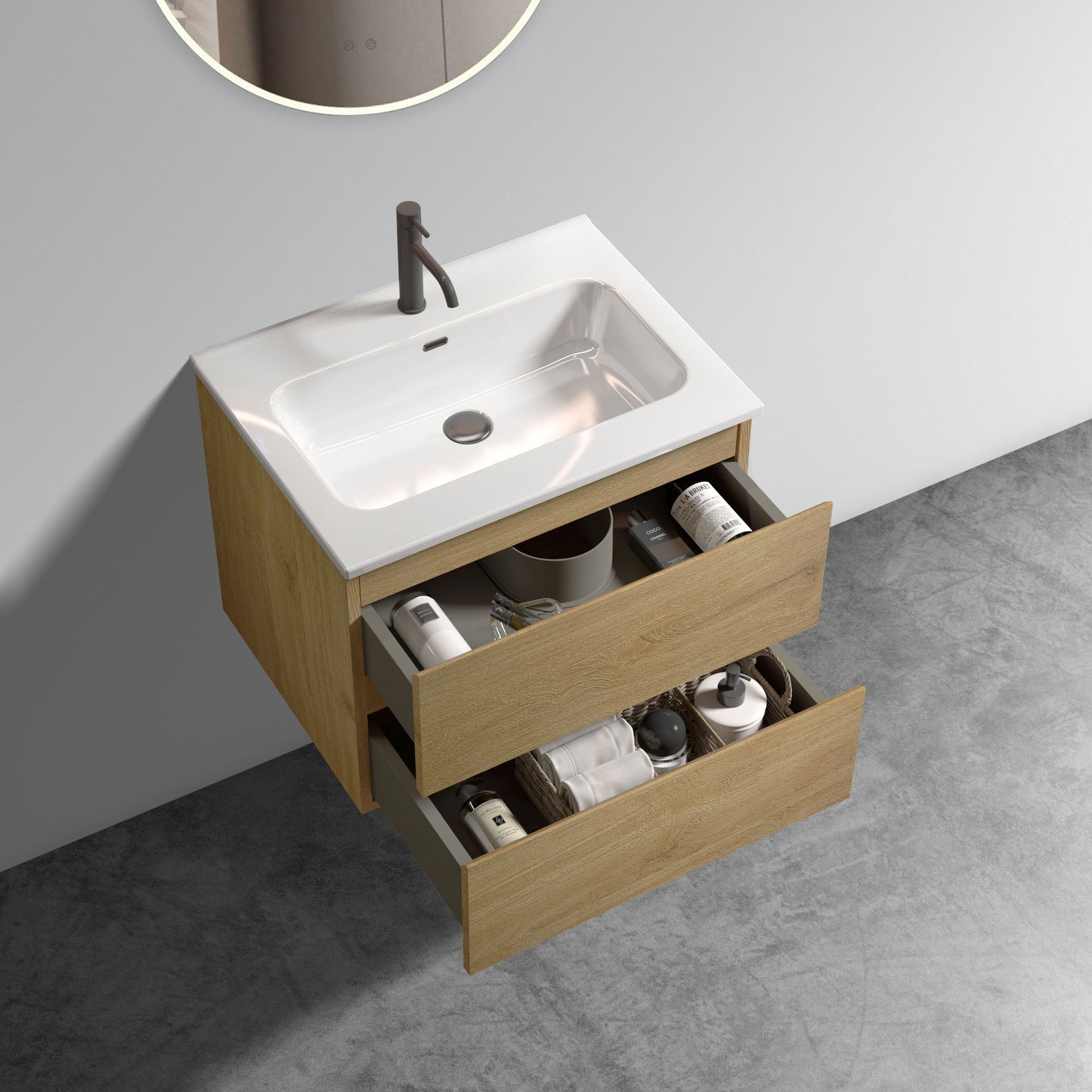 Modern oak bathroom vanity with white ceramic sink and dark faucet open drawers reveal toiletries