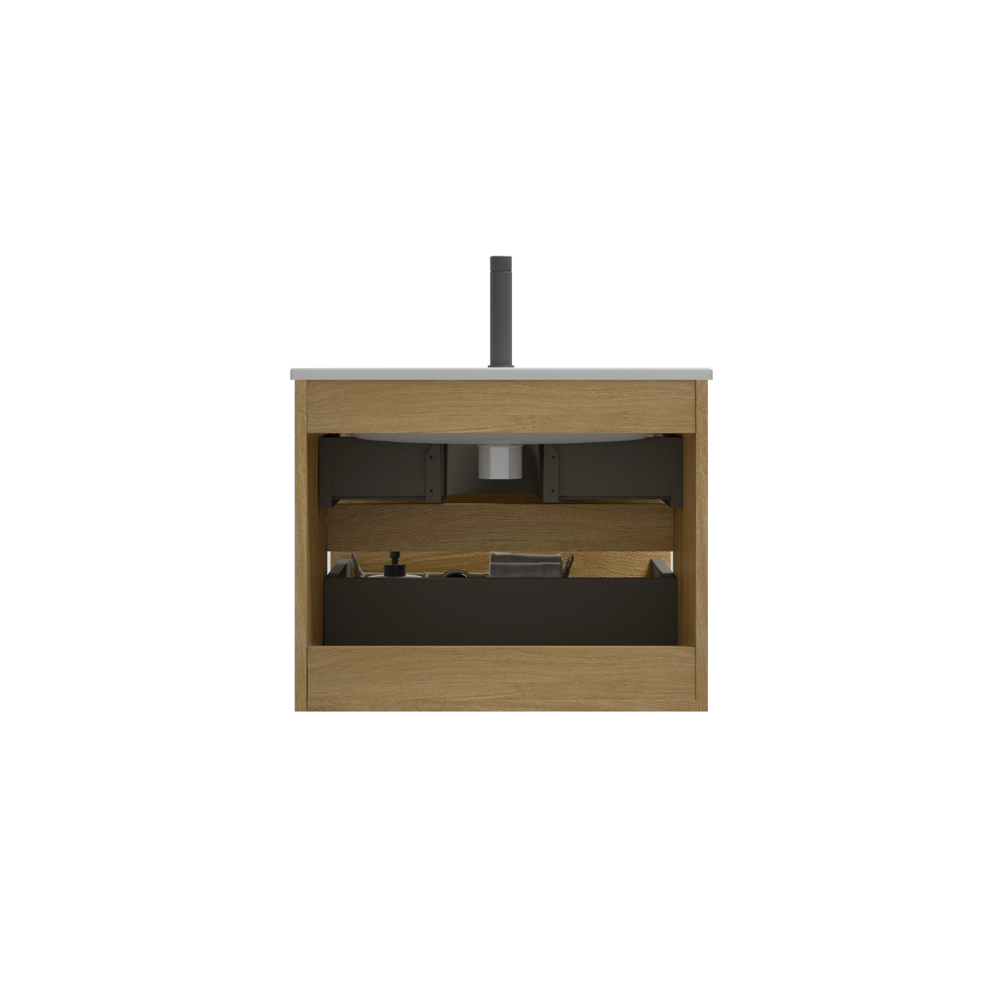 Modern oak bathroom vanity with open shelving and black drawer insert