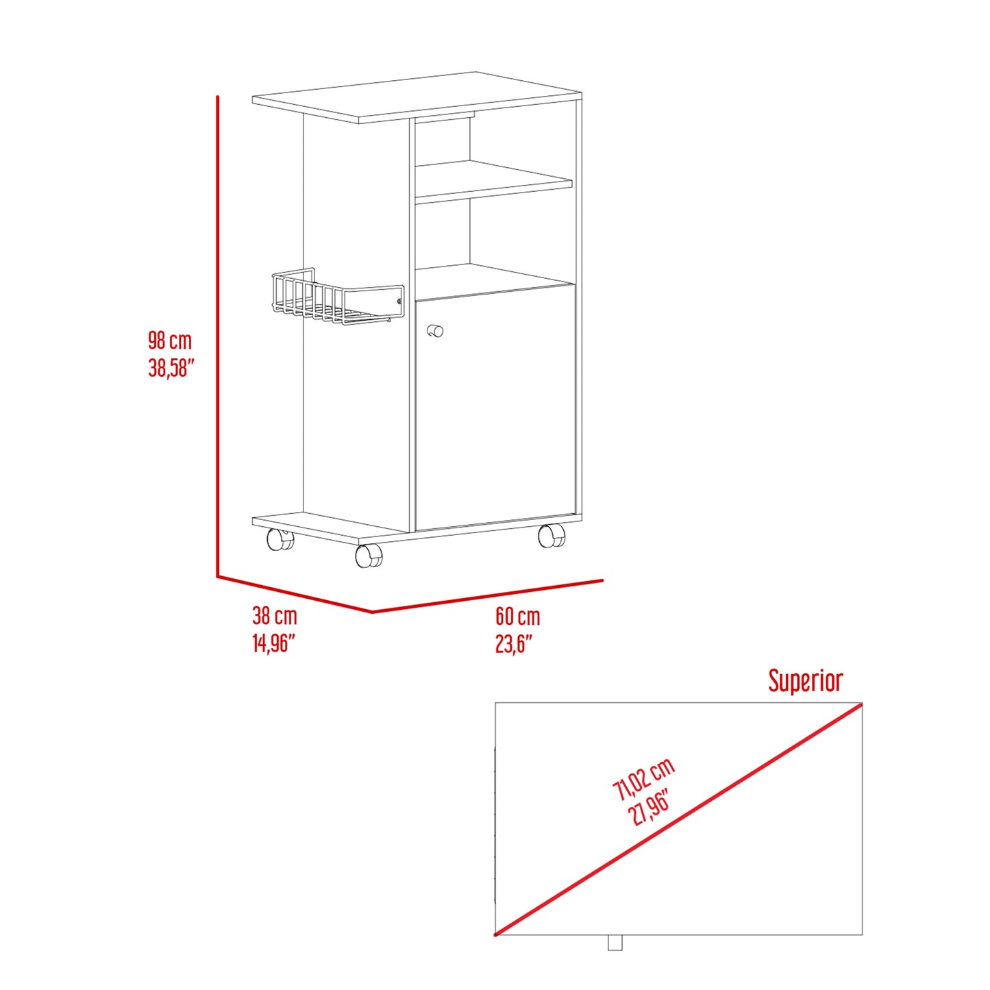 Wireframe diagram of a rolling kitchen cart with dimensions