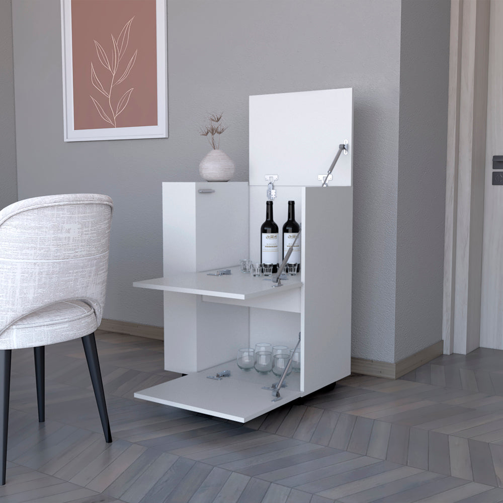 Compact white bar cabinet with two bottles of wine and glasses