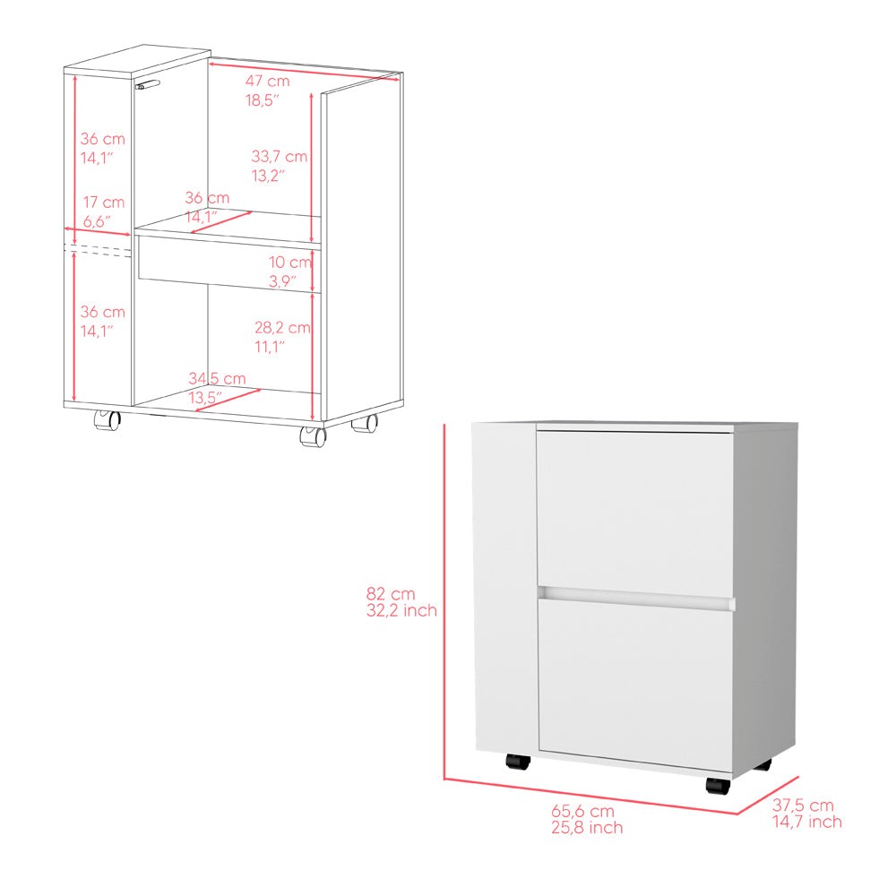 White metal filing cabinet with two drawers and wheels