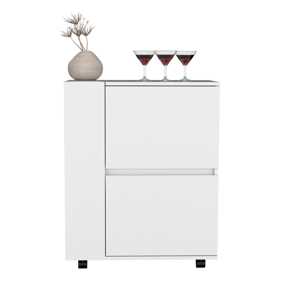 White modern filing cabinet with two drawers and wheels