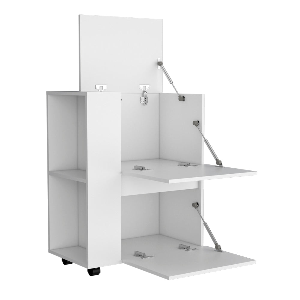 White storage cabinet with flipup and dropdown doors