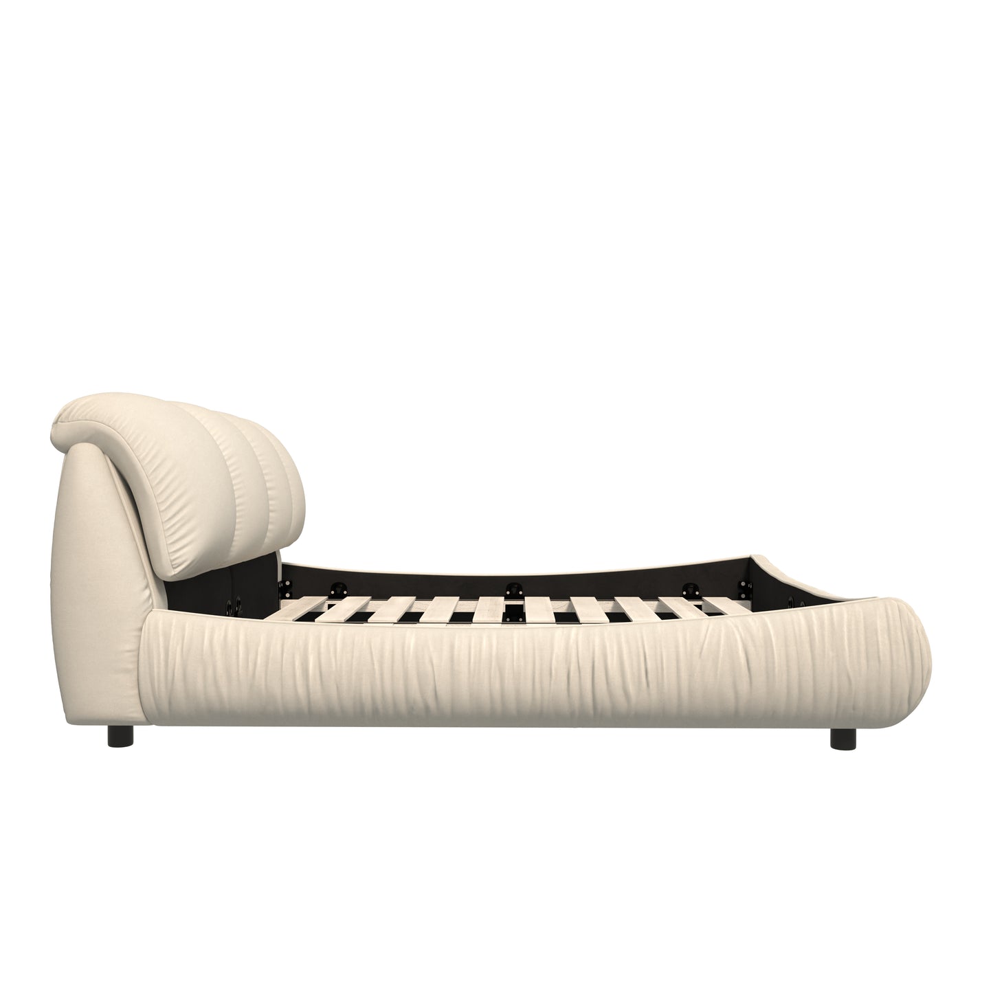 Cream upholstered bed frame with tufted headboard and wooden slats