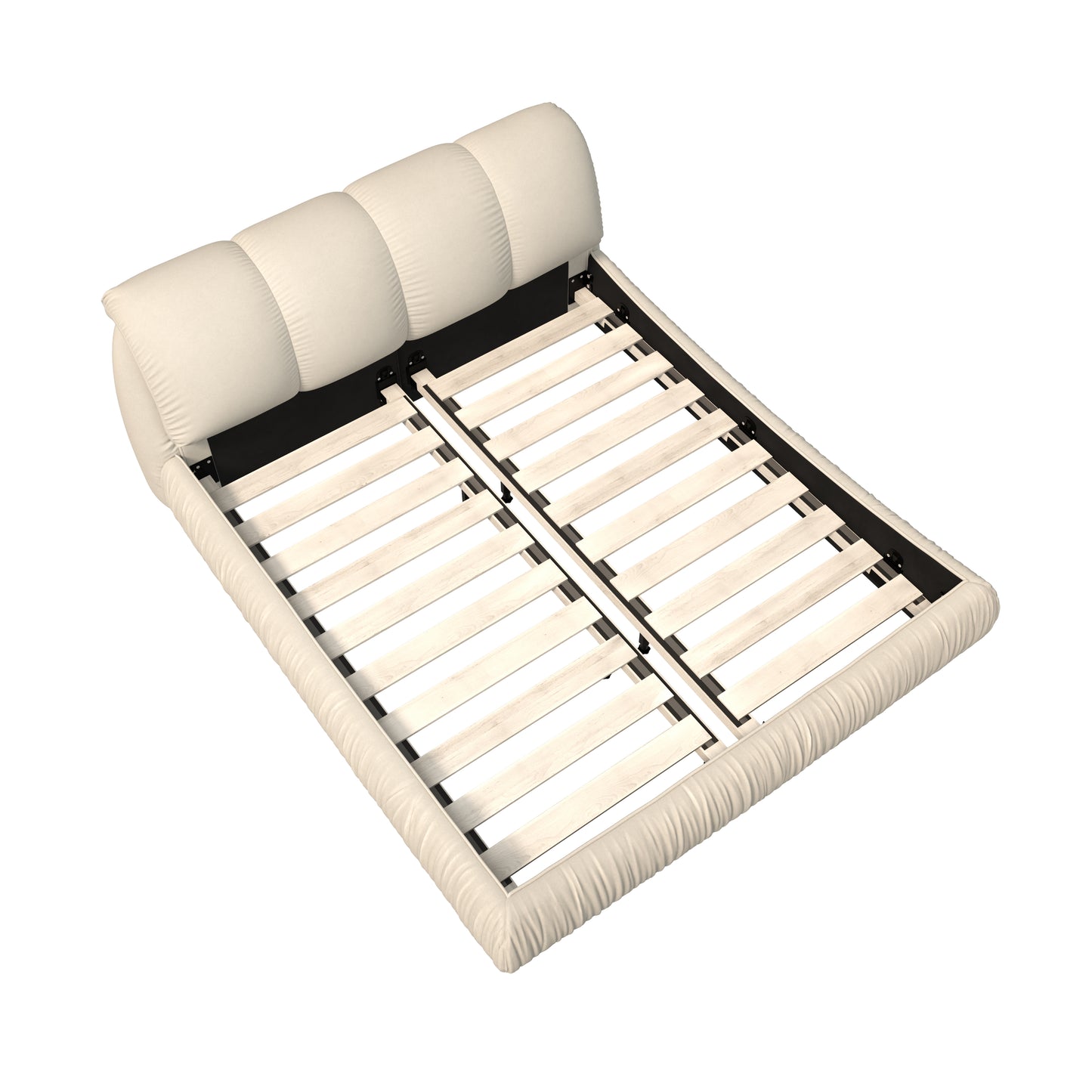 Tufted cream fabric bed frame with wooden slat support system
