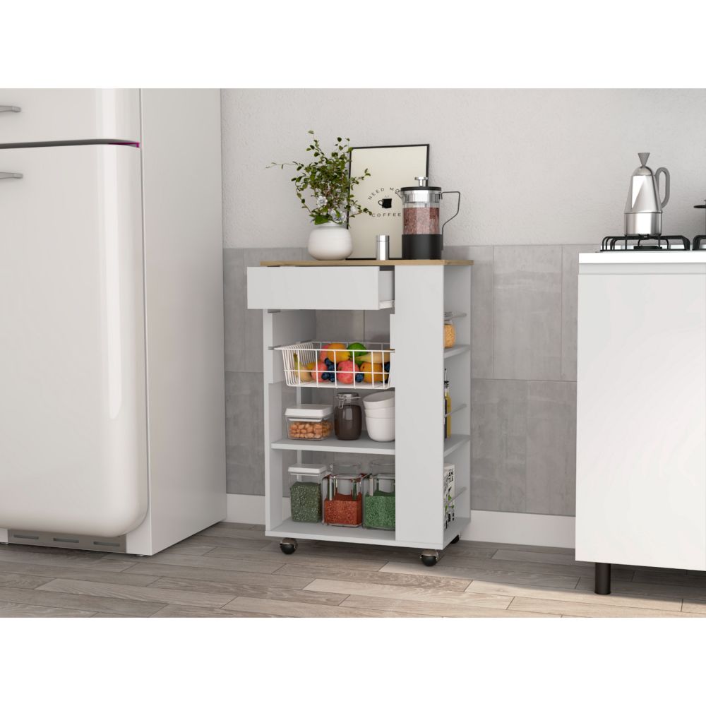 White kitchen cart with a drawer fruit basket and shelves storing jars and containers