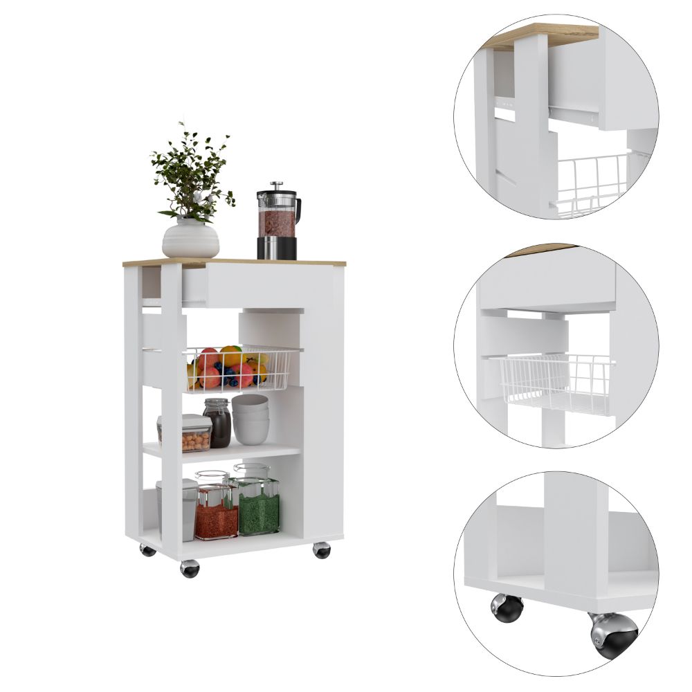 White kitchen cart with wooden top and wire baskets