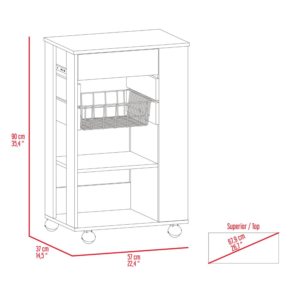 White kitchen cart with wire basket and shelves