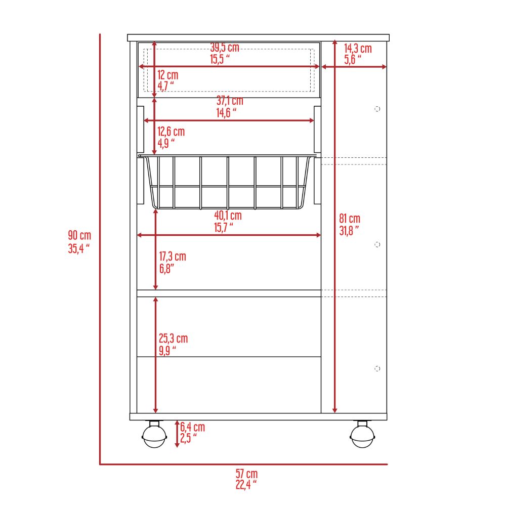 Drawn diagram of a rolling kitchen cart with dimensions