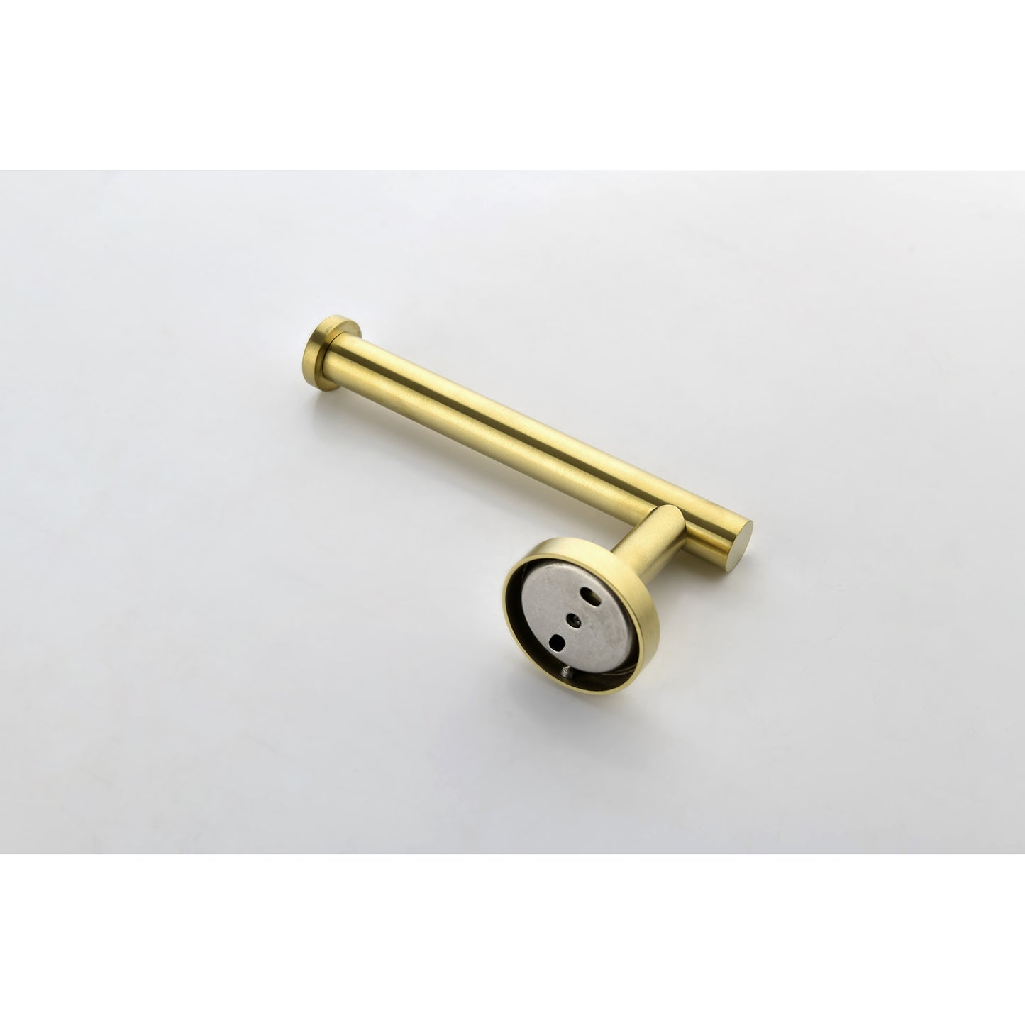 Brushed brass toilet paper holder with a modern cylindrical design and concealed screw mount