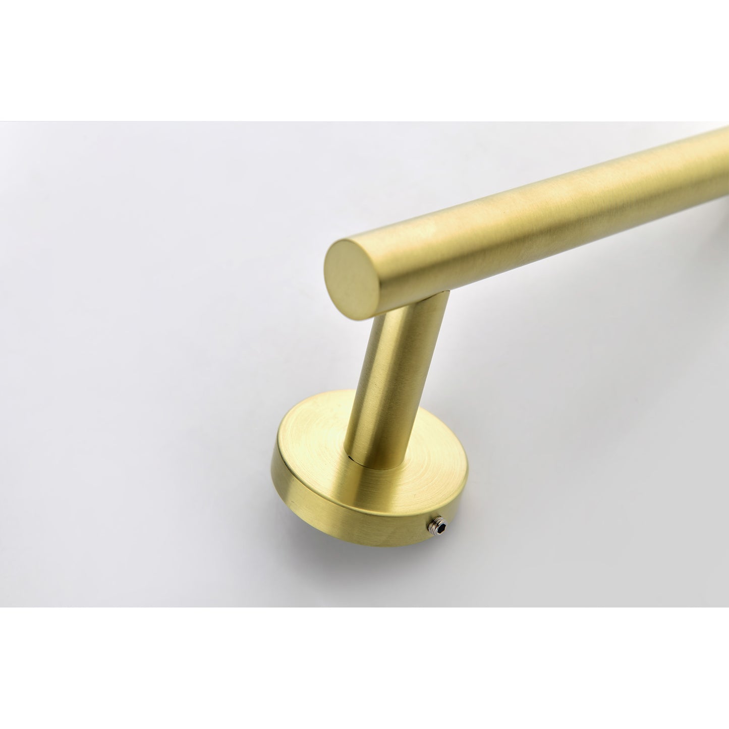 Brushed brass towel bar with modern circular mounting plate and hexagonal screw