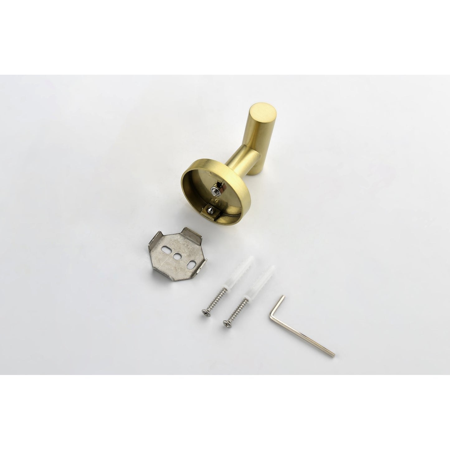 Brushed brass coat hook with wall mounting hardware and Allen wrench