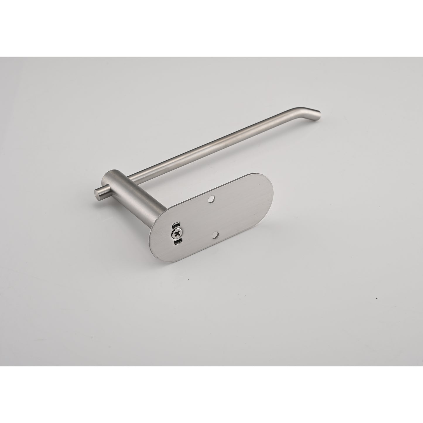 Brushed nickel toilet paper holder with a modern minimalist design