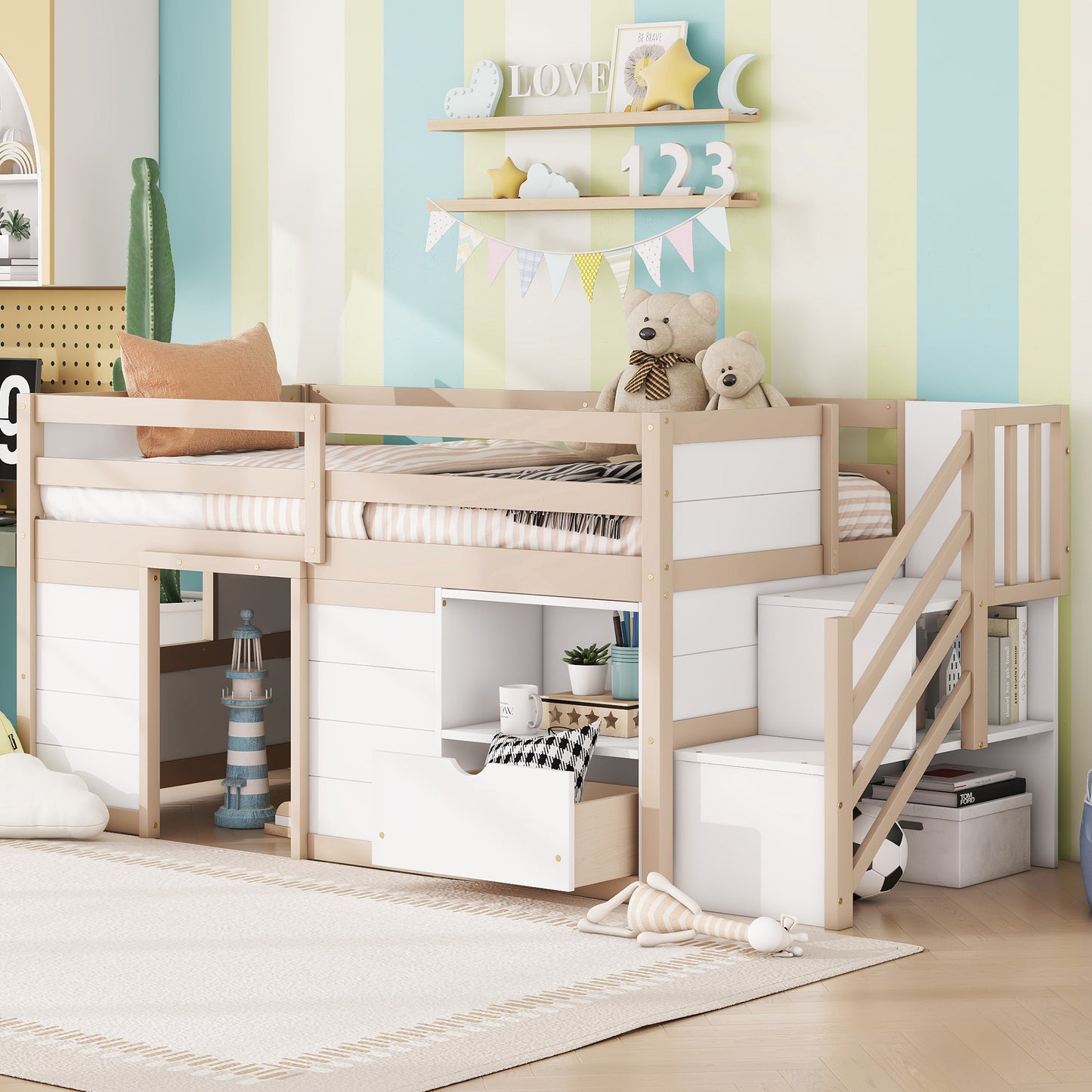 White and tan wood loft bed with integrated drawers and shelving for kids room