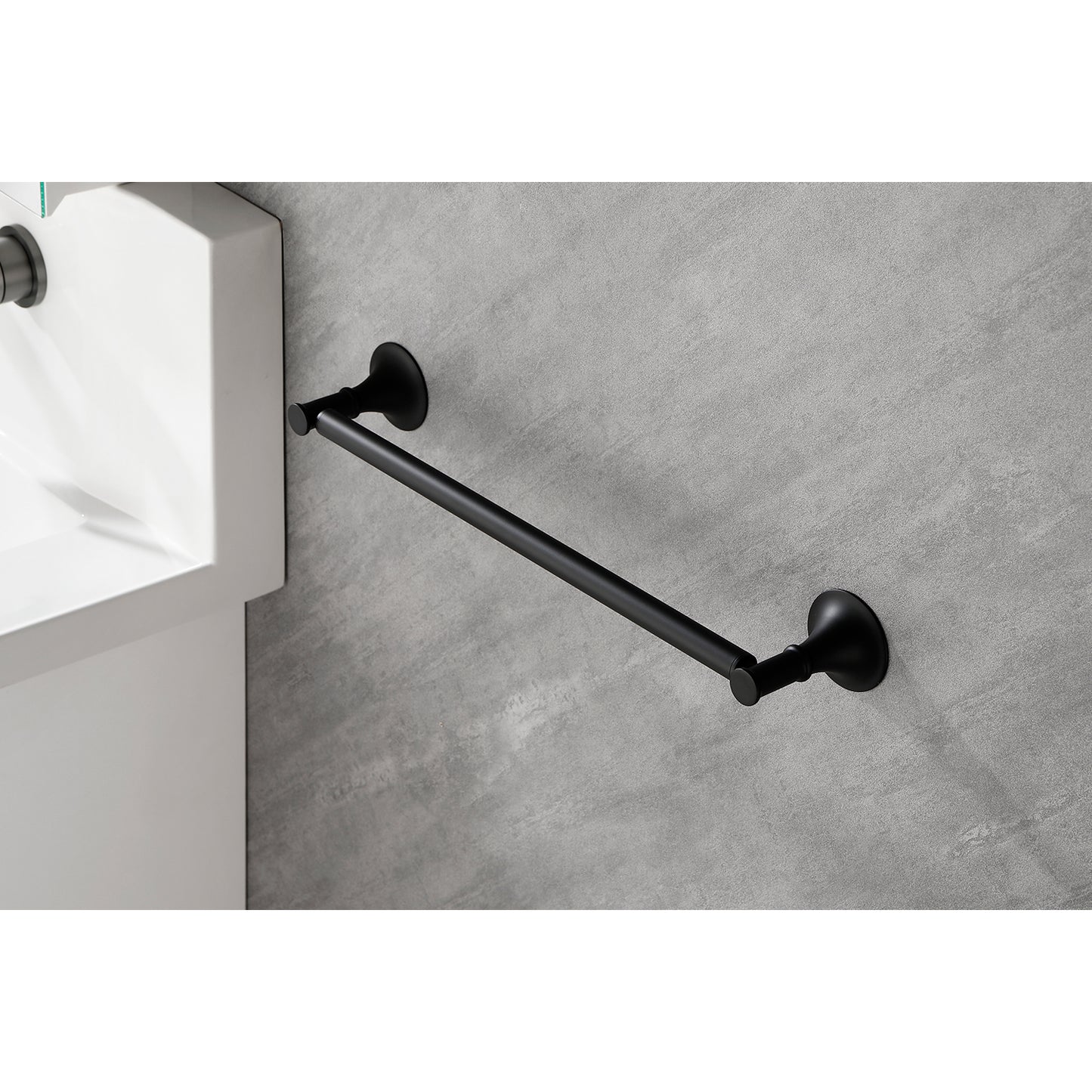 Matte black bathroom towel bar with elegant flared mounts designed for modern spaces
