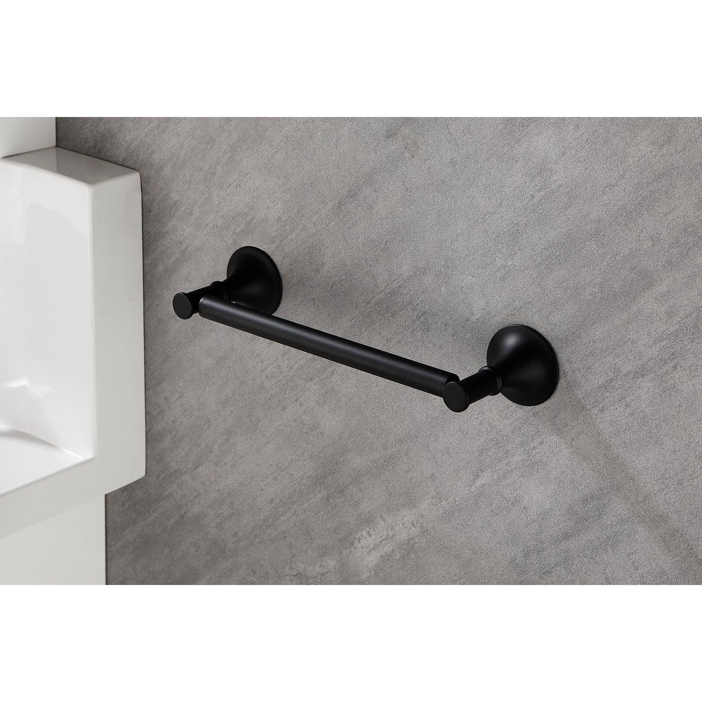 Sleek black metal towel bar perfect for modern bathrooms providing a stylish and practical fixture