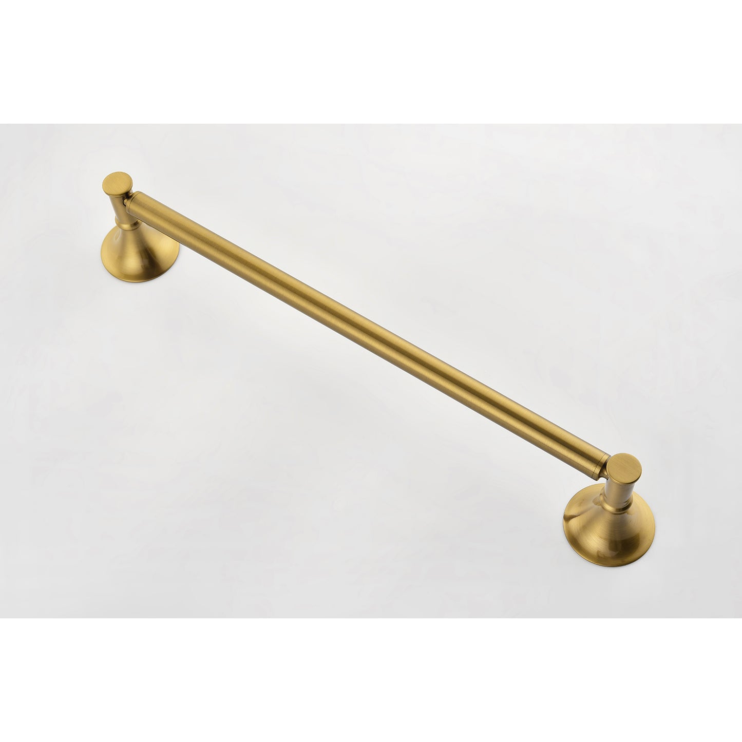 Brushed brass towel bar with elegant flared mounting bases for modern bathrooms