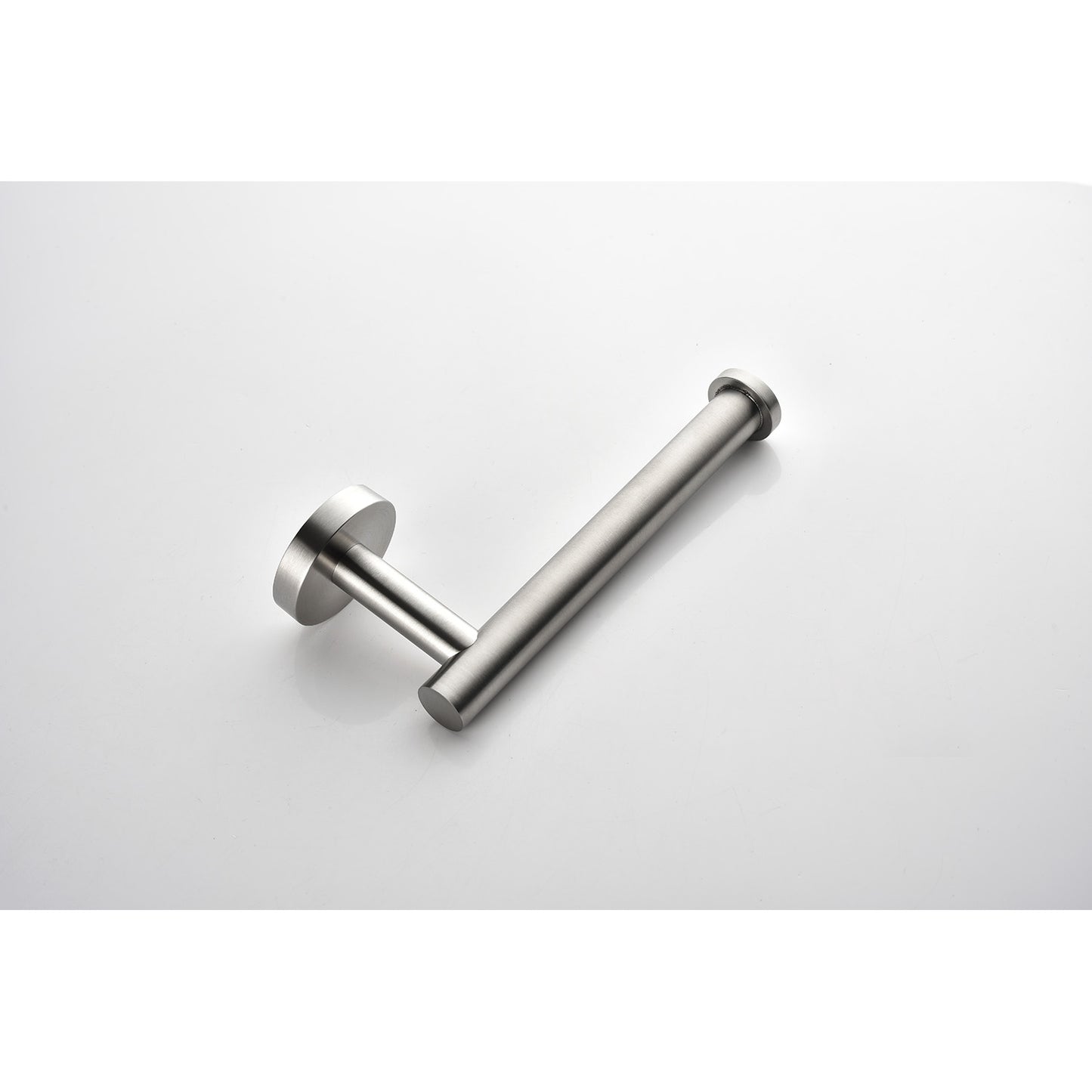 Sleek brushed nickel toilet paper holder with modern minimalist design
