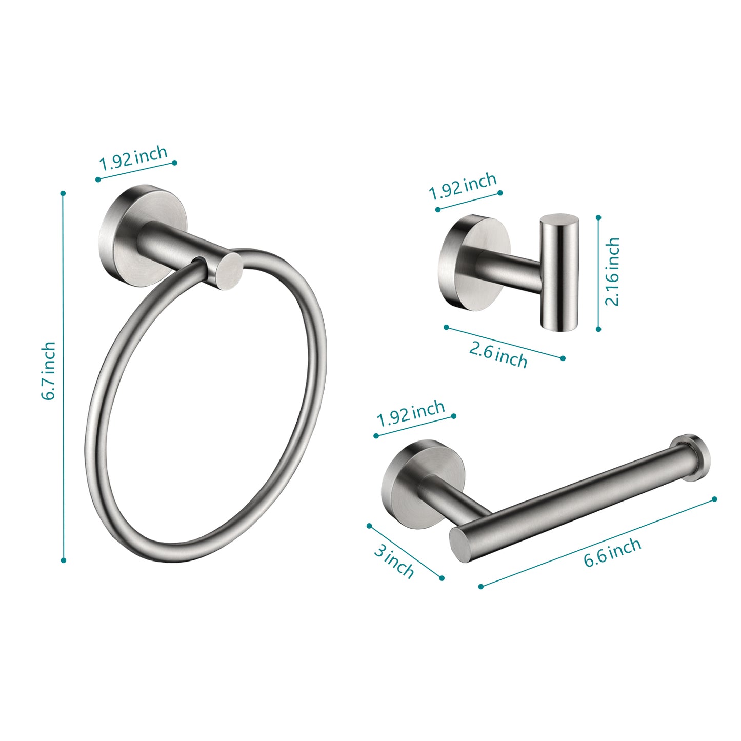 Brushed nickel towel ring with dimensions shown ideal for bathrooms