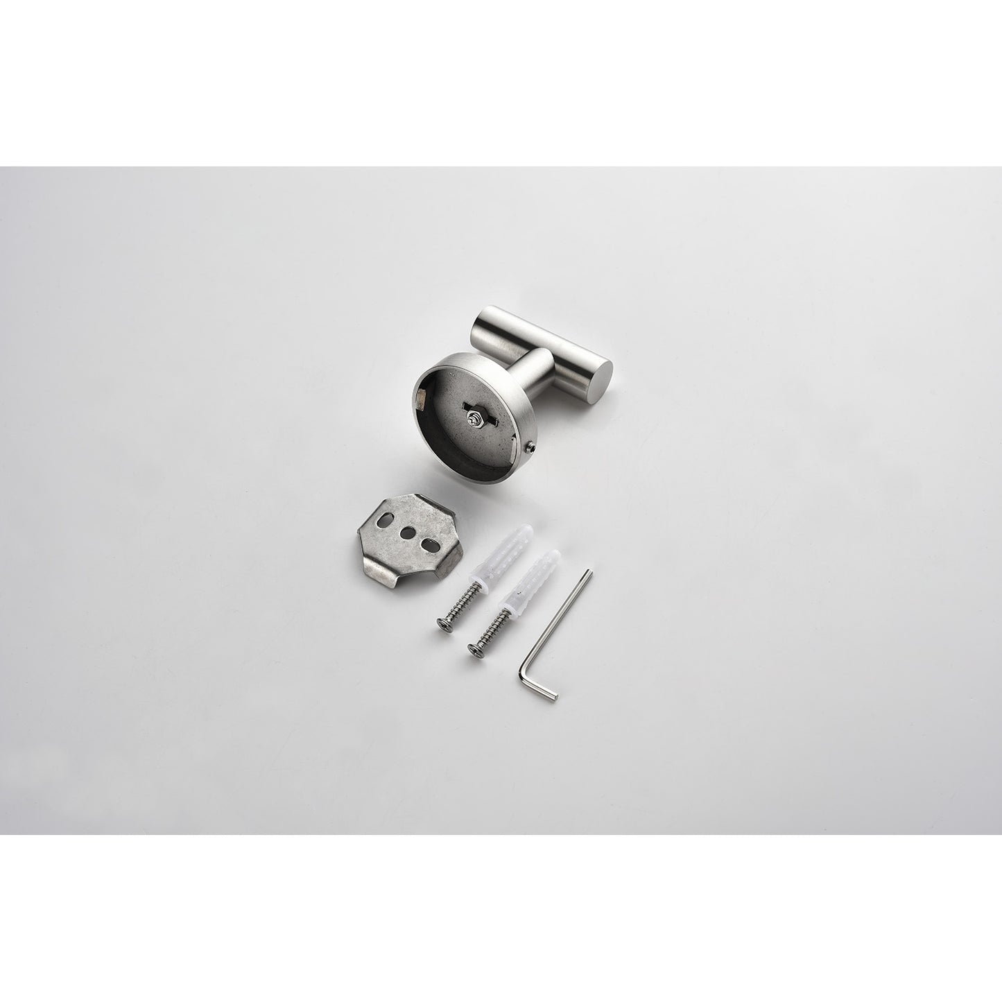 Sleek stainless steel single robe hook with wall mounting hardware included