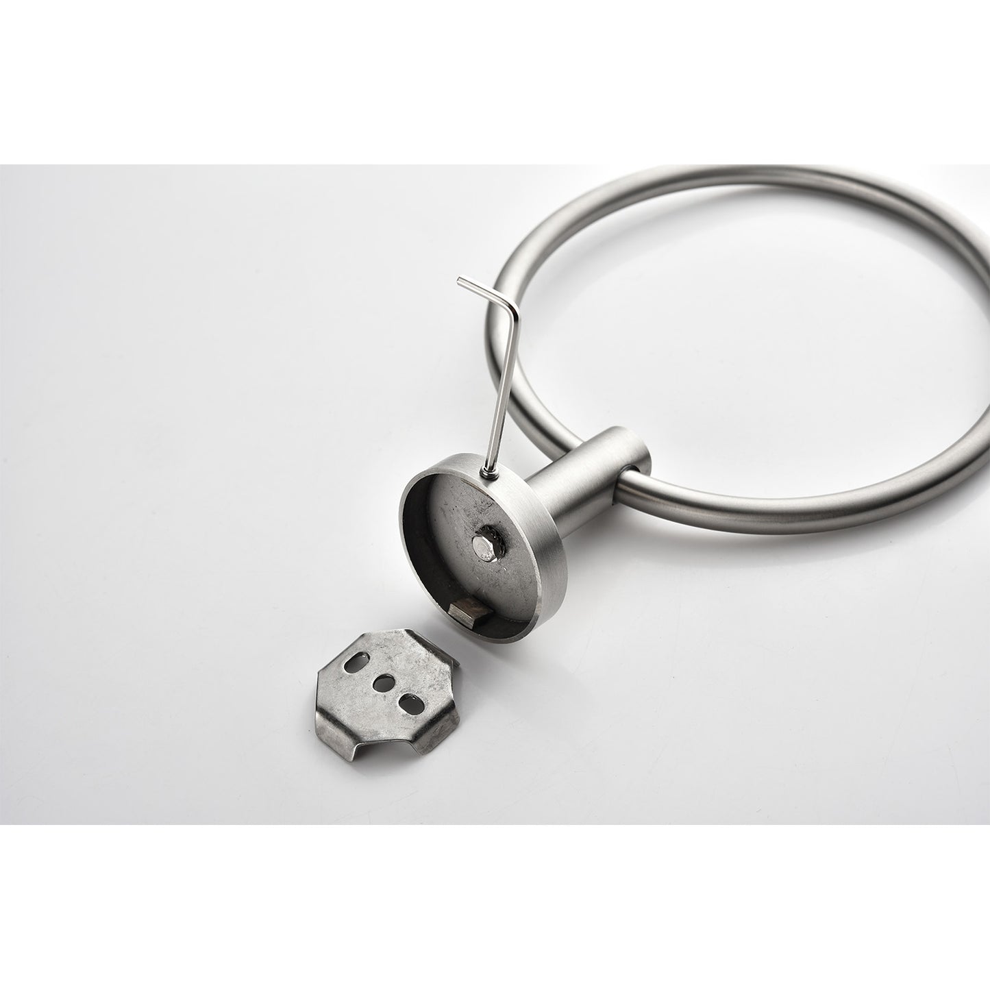Brushed nickel towel ring with wall mount hardware and hex key