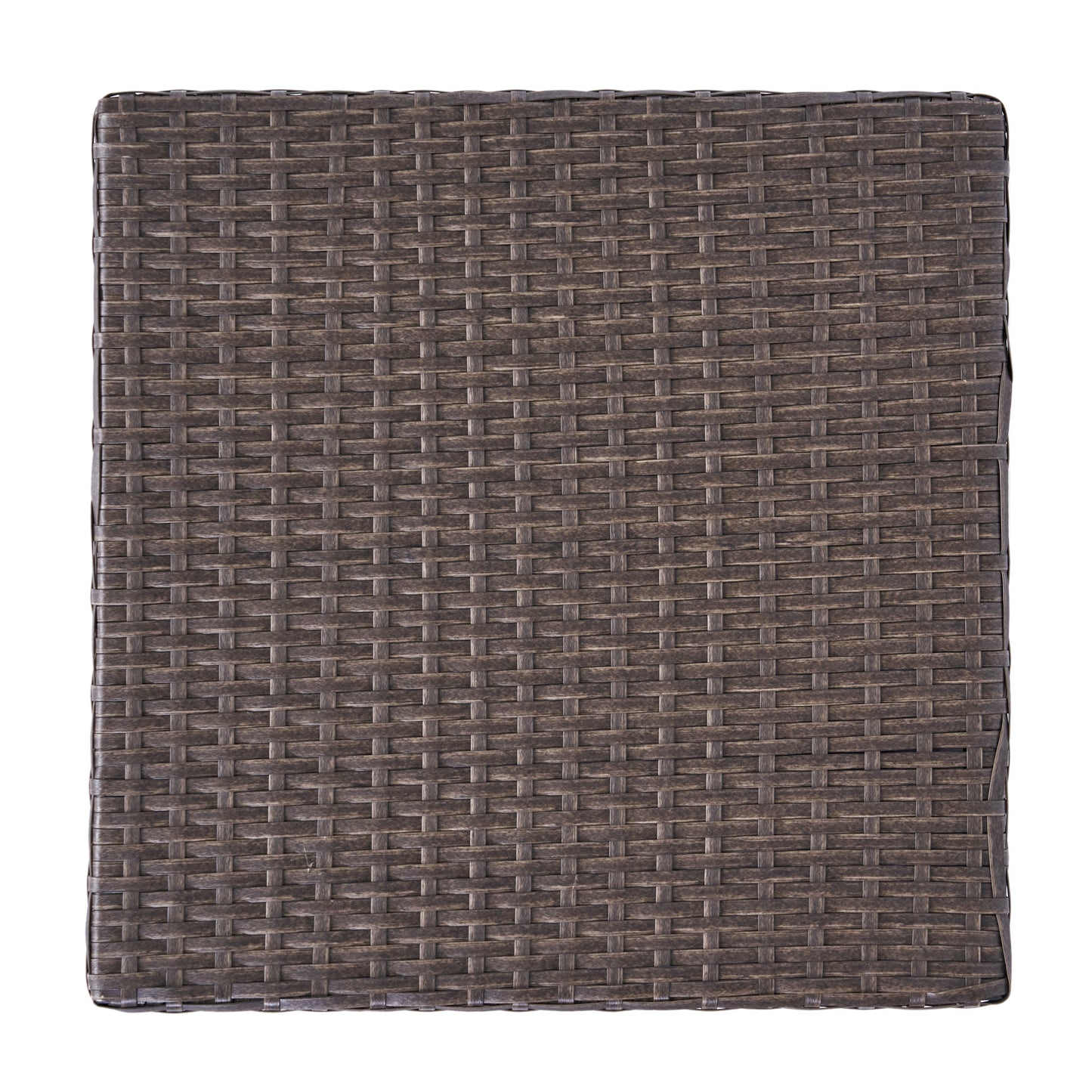 Closeup of a textured dark brown wicker weave pattern on a rectangular outdoor furniture piece