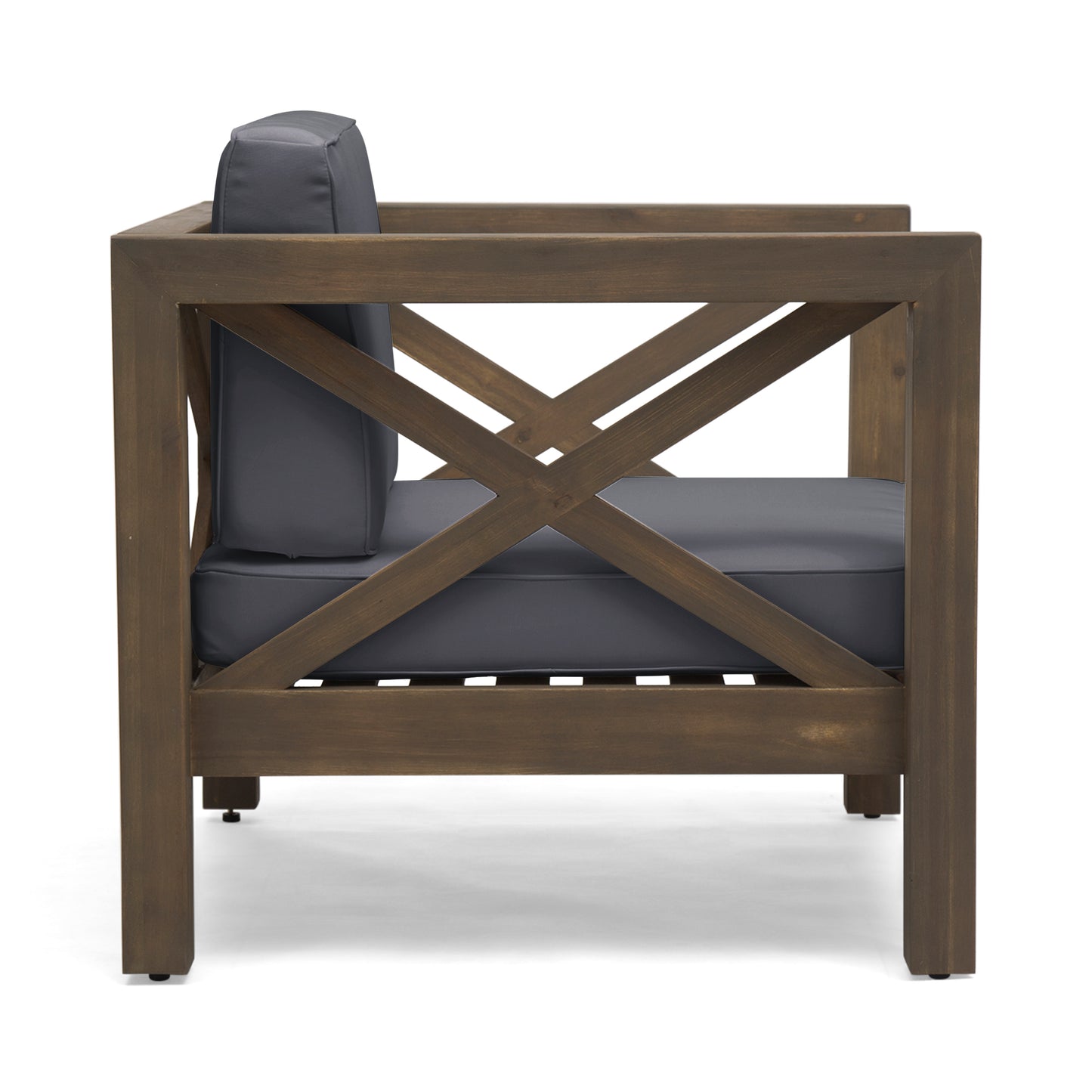 Wooden patio chair with dark gray cushions and crisscross back detail