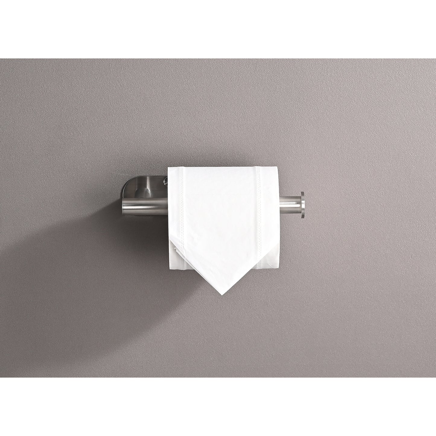 Modern brushed nickel toilet paper holder with single white roll
