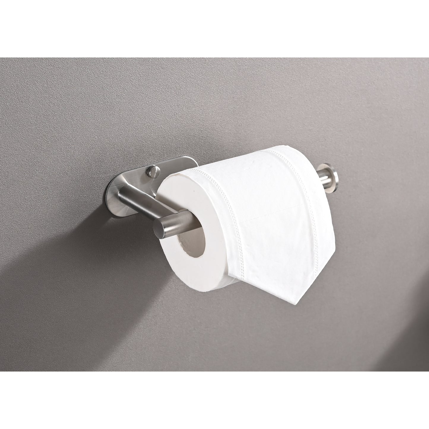 Brushed nickel toilet paper holder mounted on a textured gray wall