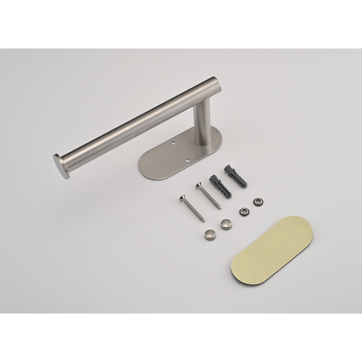 Brushed nickel toilet paper holder with screws and wall anchors for installation