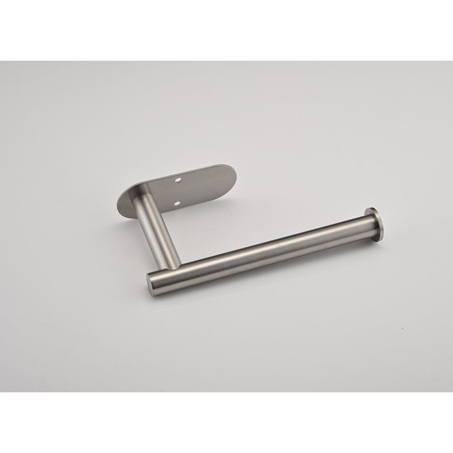 Brushed nickel wallmounted toilet paper holder with a modern minimalist design for bathrooms