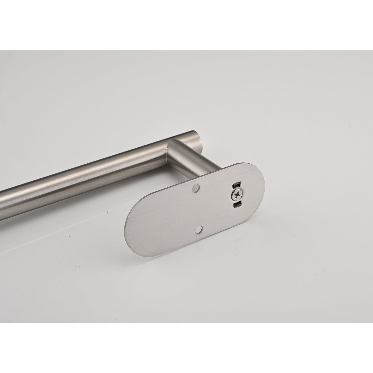 Brushed nickel towel bar with an oval mounting plate and screw detail inches