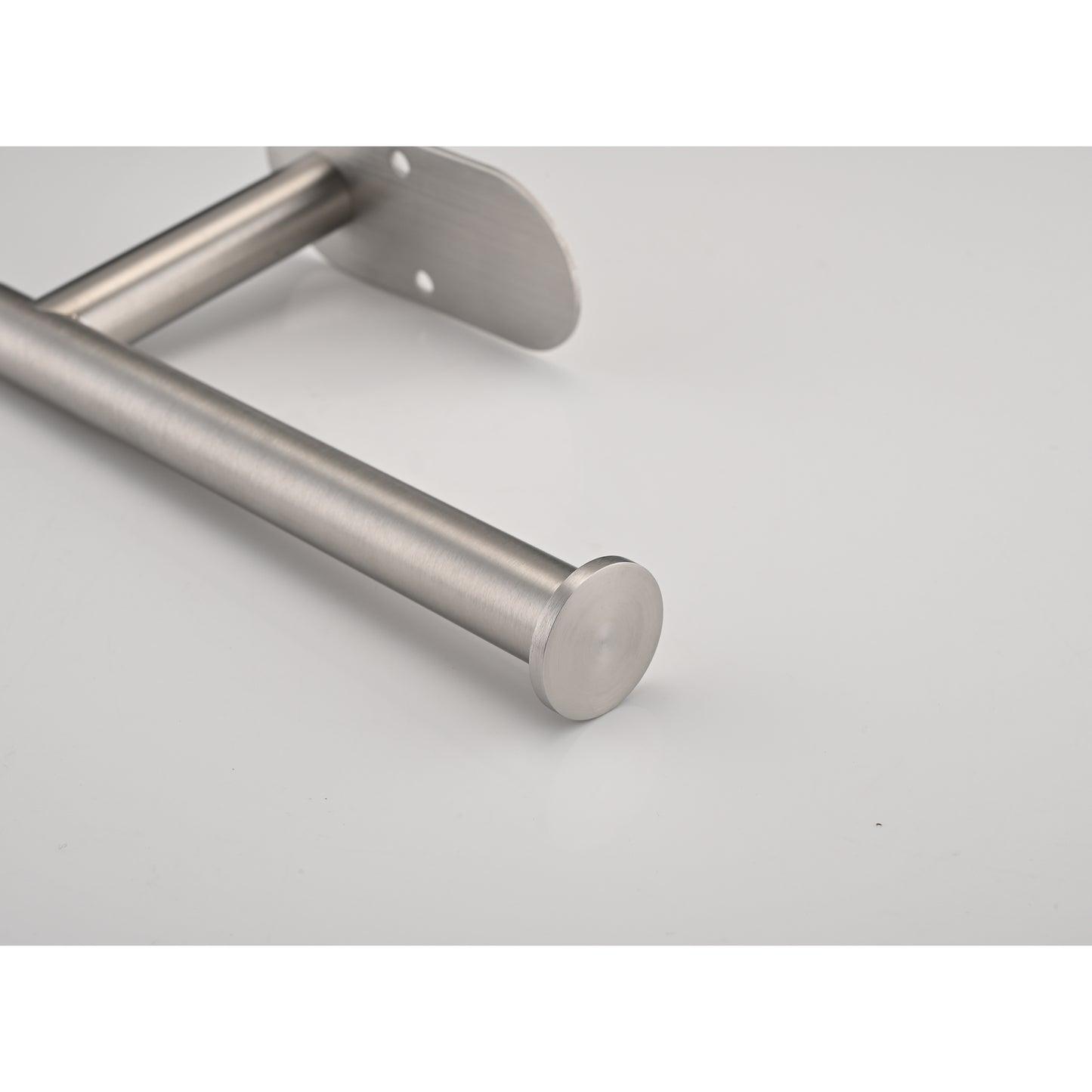 Brushed stainless steel toilet paper holder with modern minimalist design