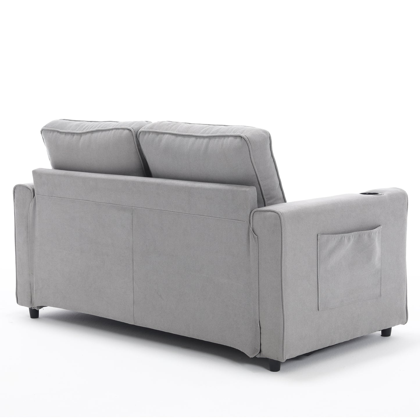 Grey fabric sofa with plush cushions armrest pocket and cup holder for modern living rooms