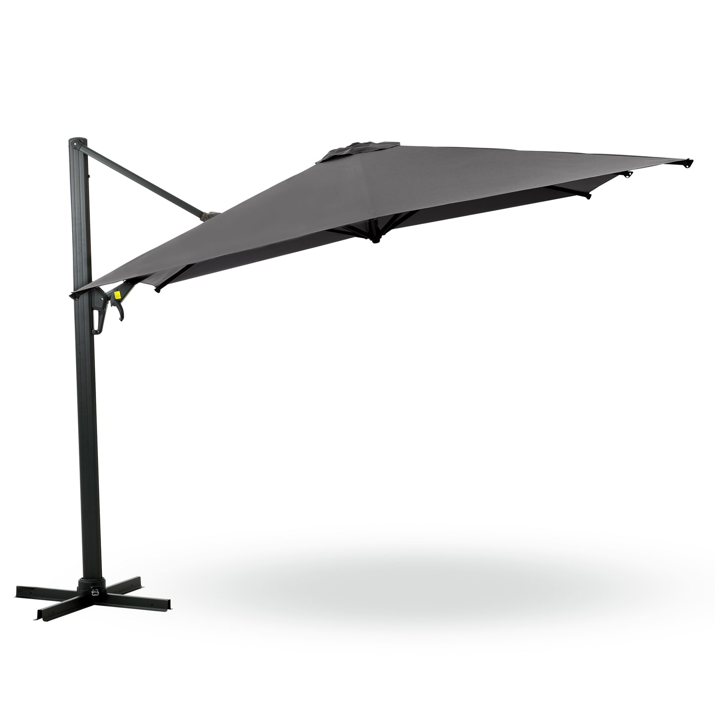 Dark grey cantilever patio umbrella with robust metal frame and Xshaped base