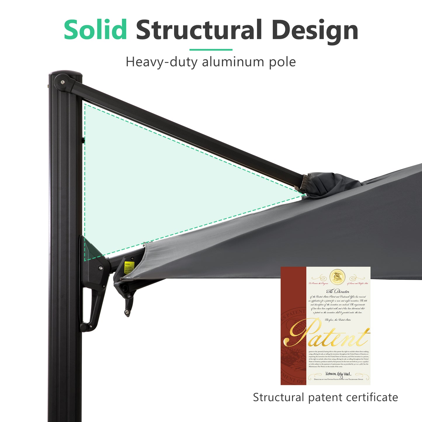 Heavyduty aluminum pole supporting a dark grey patio umbrella with structural design