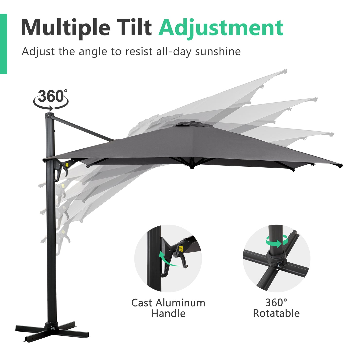 Dark gray cantilever patio umbrella with multiple tilt adjustments for shade
