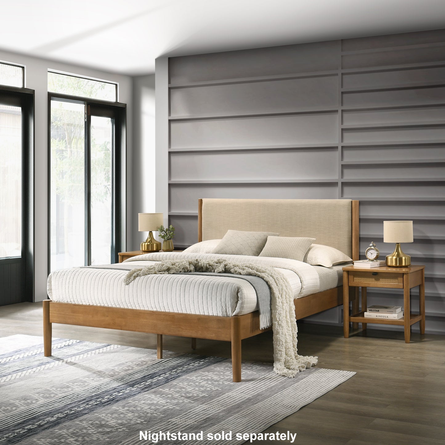 Modern wooden bed frame with upholstered headboard in a neutral tone queen size